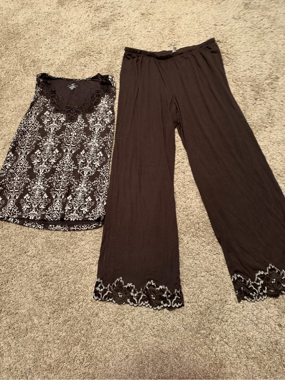 Brown Lace-Trim Two-Piece Sleep Set - Tank Top & Wide-Leg Pants